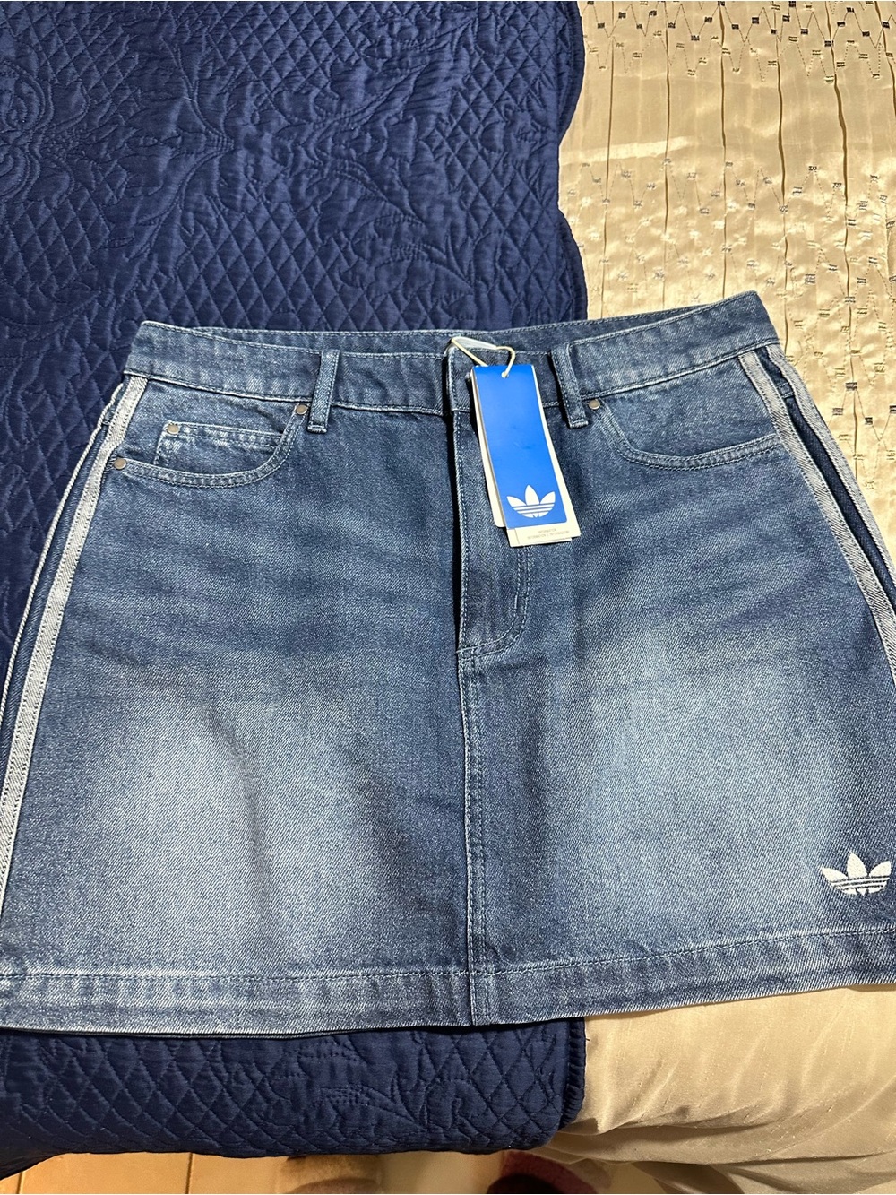 adidas Blue Denim Mini Skirt with Side Stripes and Trefoil Tag